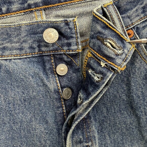 Levis 501 Jeans Mens 34x34 Pants Blue Stonewash Frayed Hem Button Straight Denim - Picture 7 of 12